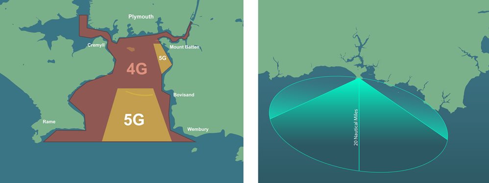 Illustrative map showing Plymouth Sound and surrounding area coverage of the 4G and 5G network coverage, and another image showing the coverage extending 20 nautical miles offshore